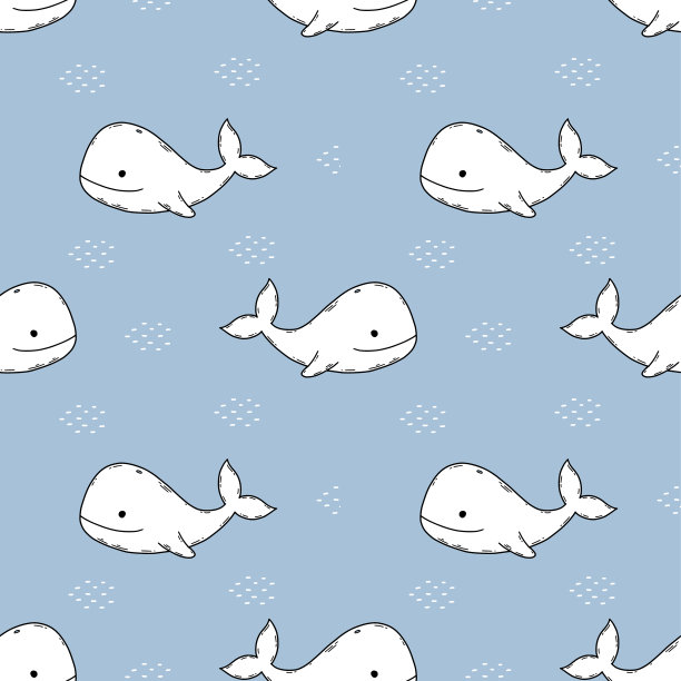 无缝蓝色图案与可爱的鲸鱼。缝纫衣服和在织物上印刷的背景。包装纸。海洋和海洋的居民。水下世界。图片下载