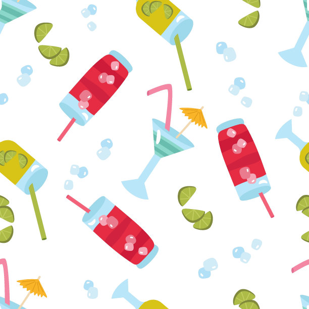 无缝横幅与海滩鸡尾酒与冰。清新的饮料在玻璃管。层层叠叠的蓝色，粉红色的浆果色，绿色的酸橙色。矢量背景阳光夏天印刷在纸或织物。图片下载