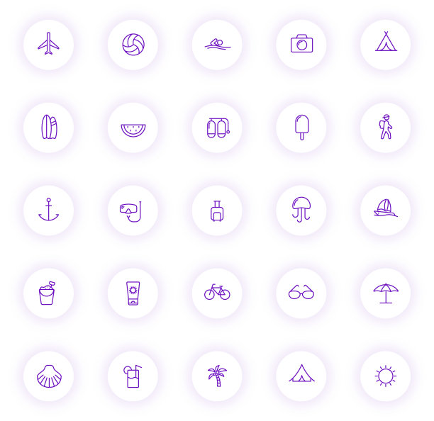 夏季紫色轮廓图标上的浅圆形按钮与紫色的阴影。夏季图标集网页，移动应用程序，UI设计和打印图片下载
