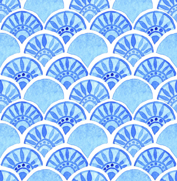 水彩无缝模式。蓝色东方装饰，鱼鳞。摩洛哥瓷砖。真正的手绘图片下载