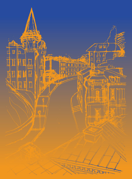 矢量痕迹的建筑手绘素描城市景观，在乌克兰基辅的老街道上的古建筑。蓝色金色的涂鸦画在蓝色和黄色的背景图片下载