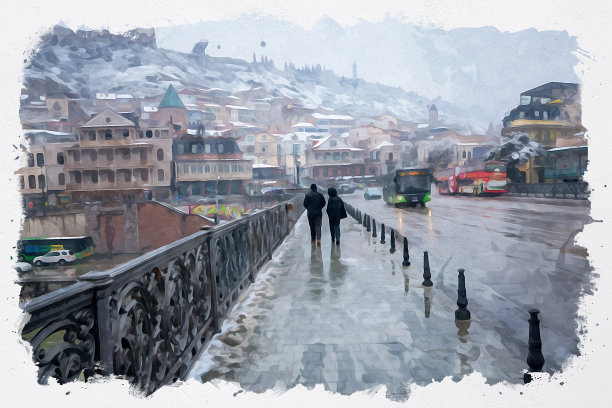 第比利斯传统欧洲城市建筑的美丽风景水彩插图。格鲁吉亚首都图片下载