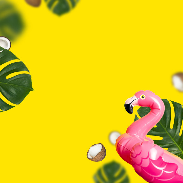创造性的夏天的背景。粉红色充气飞行迷你火烈鸟热带树叶椰子在黄色背景，游泳池漂浮派对。平面拷贝空间。火烈鸟趋势充气玩具海滩概念图片下载
