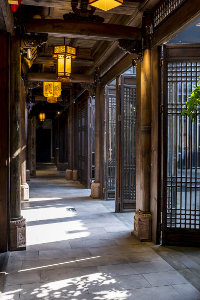 中国成都，中国传统建筑的走廊图片下载