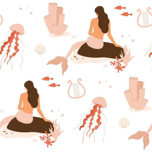 美丽的年轻美人鱼与海洋动植物无缝模式。童话和水下生物墙纸。大海和海洋美学。孤立的矢量插图在卡通风格。图片下载