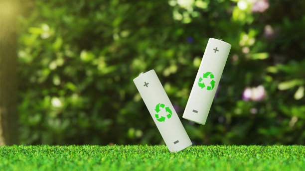 Eco-energy概念。带有回收图标的电池。3 d渲染。图片下载