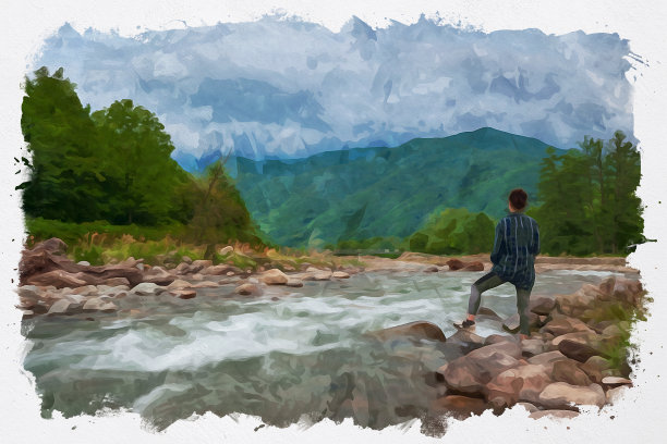 徒步旅行的女孩独自站着，看着河流和山脉。水彩插图。自由与冒险概念图片下载