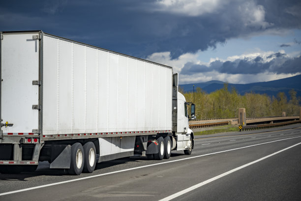 明亮的白色大卡车运输货物在干燥的货车半挂车行驶在公路上与黑暗的暴风雨的天空图片下载