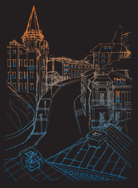 矢量轨迹手绘草图的建筑城市天际线，古老的街道上的建筑在基辅，乌克兰。蓝色金色的涂鸦在黑色的背景上图片下载