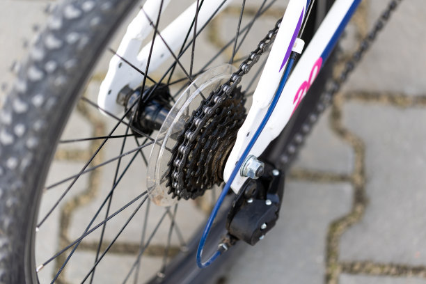 一辆白人儿童的自行车，一个特写的变速器和飞轮的后轮。图片下载