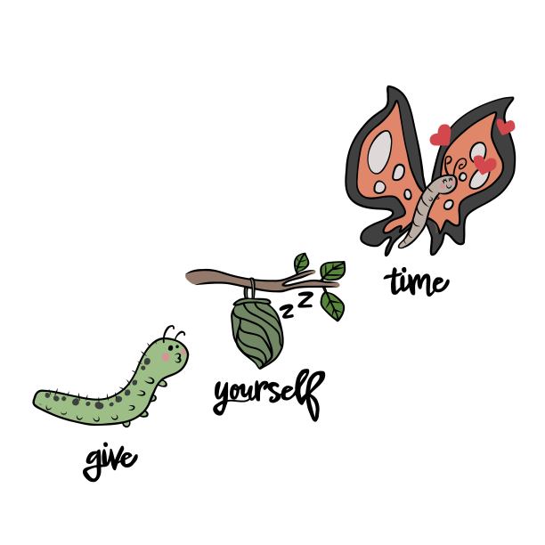 给自己一点时间，蠕虫成长为美丽的蝴蝶卡通矢量插图图片下载