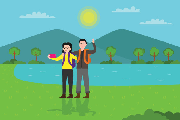 一对徒步旅行者在河边自拍图片下载