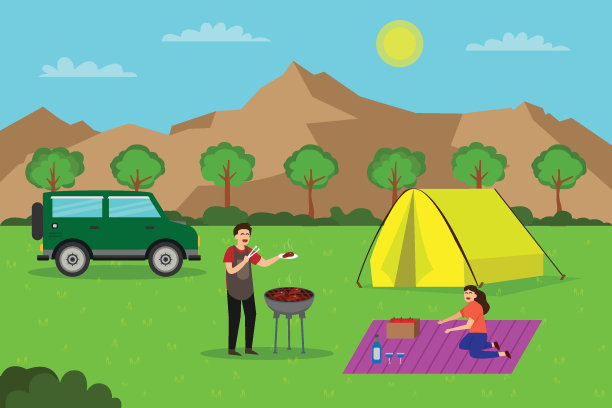 一名男子在和女友露营时烧烤肉图片下载