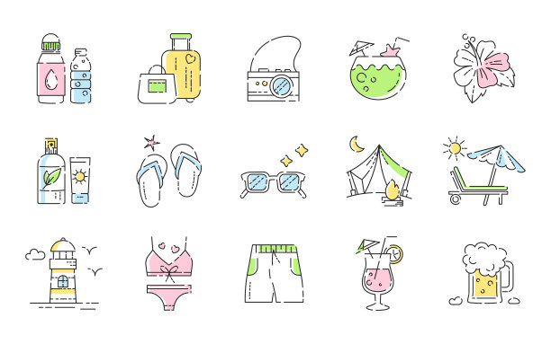 夏季旅游，海滩派对，旅游图标集。矢量线性符号插图涂鸦可爱的风格。五颜六色的防晒霜管，行李箱，鸡尾酒，太阳镜，人字拖，泳衣，啤酒，异国鲜花。图片下载