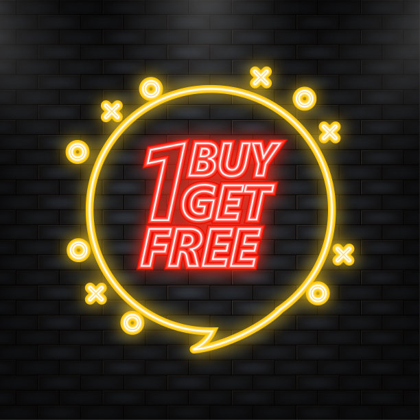 霓虹灯图标。买一送一，销售标签，横幅设计模板，应用图标，矢量插图图片下载