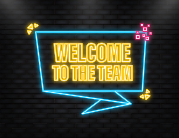 霓虹灯图标。欢迎来到团队扩音器蓝色横幅在白色背景3D风格。矢量图图片下载