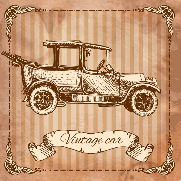 用墨水画的雕刻风格的古董车图片下载