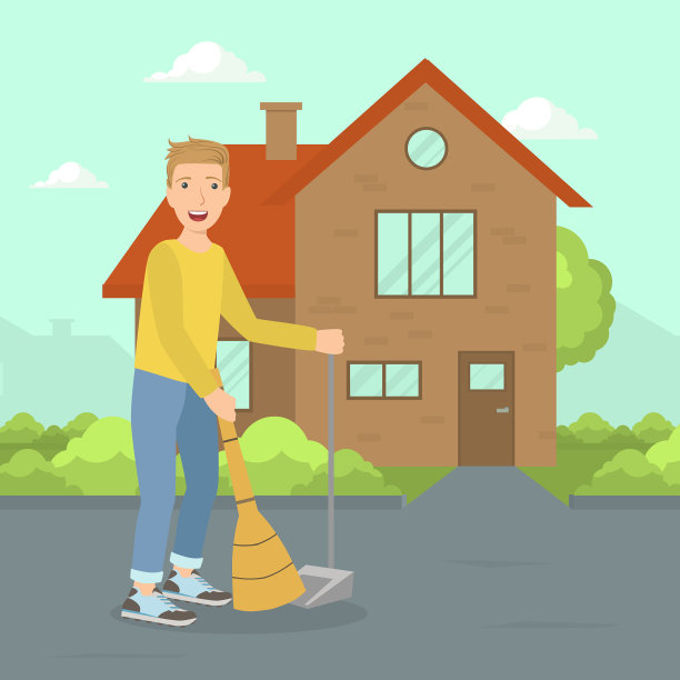 年轻人用扫帚打扫街道图片下载