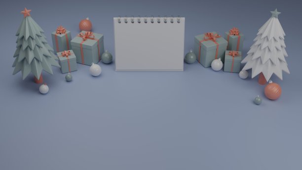 空白日历与礼品盒和装饰3D渲染插图图片下载