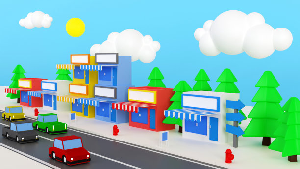 街道建筑小城市店面店面小城市用车，3D渲染。图片下载