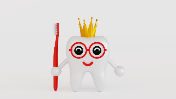 可爱的牙齿人物用笑脸托着牙齿设备牙刷，牙齿护理概念，3D渲染。图片下载