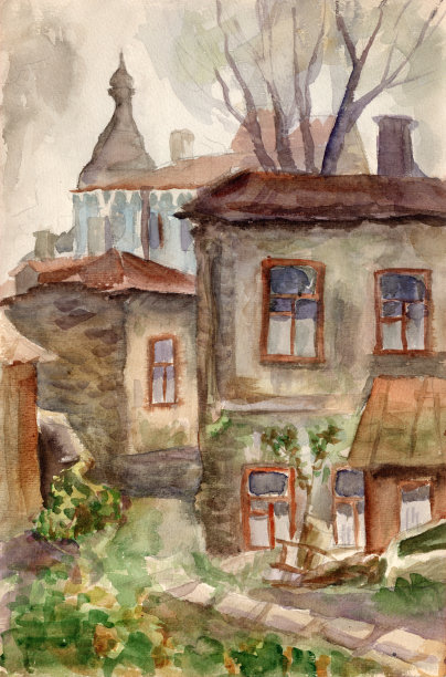 复古水彩画风景。古老的砖房，秋天基辅街道上的小庭院图片下载