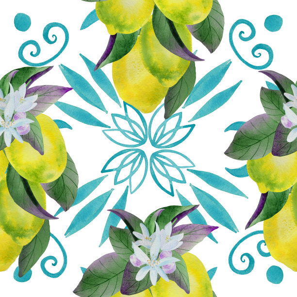 柠檬和玛乔丽卡的无缝图案。黄色的柑橘果实在树枝和西西里装饰无尽的背景。传统的地中海夏季印花。图片下载