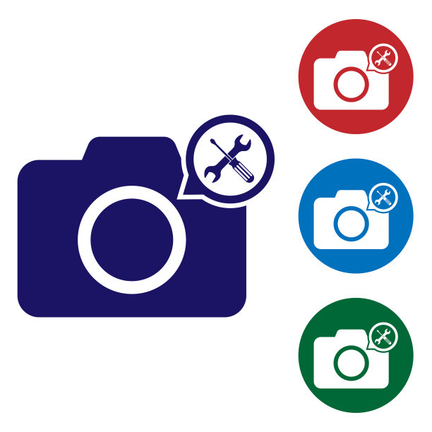 蓝色照片相机与螺丝刀和扳手图标图片下载