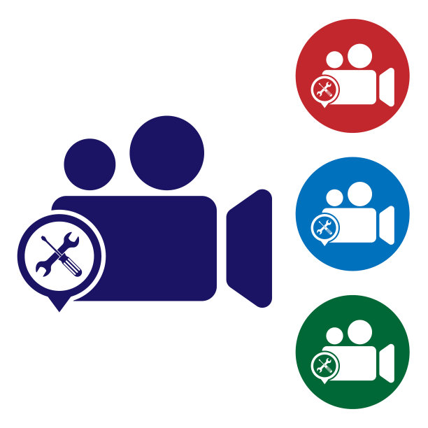 蓝色摄像机与螺丝刀和扳手图标图片下载