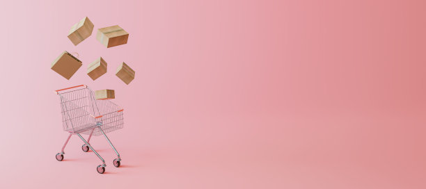 一个购物车里装满了物品，背景是纯粉色的白色。网上购物概念- 3D渲染图片下载