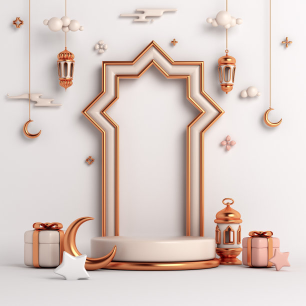 伊斯兰教展示平台装饰背景与窗口，灯笼，礼品盒，新月卡通风格，斋月kareem，斋月，开斋，isra miraj，宰牲节，穆哈兰，3D插图。图片下载