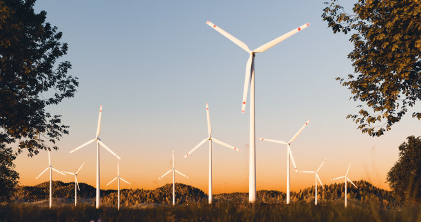 风力涡轮机风力发电的发电机。日落- 3d渲染图片下载