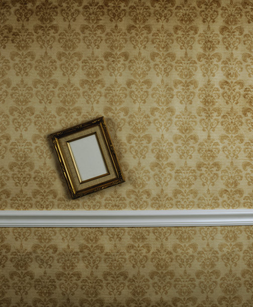 背景:墙上装饰华丽的金色空相框的背景，用来显示信息或图形图片下载