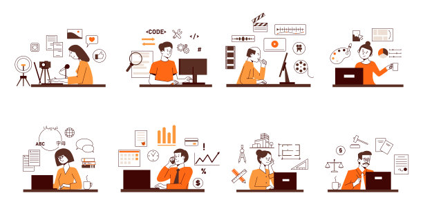 远程工作的人。博客，程序员，视频编辑，设计师，翻译。自由职业向量概念集。图片下载