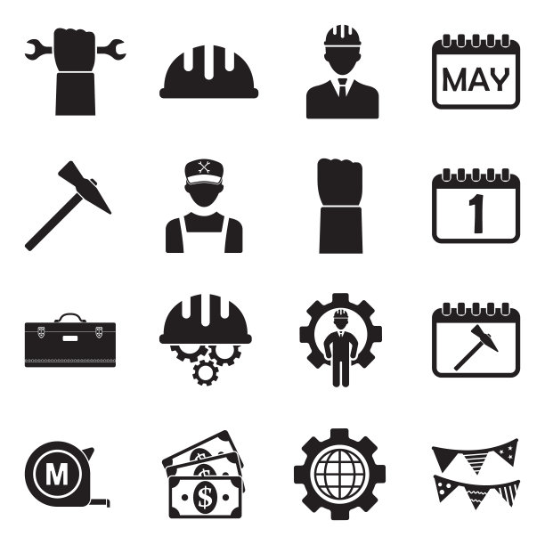 劳动节图标。黑色的平面设计。矢量插图。图片下载