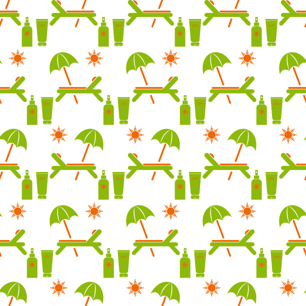 无缝图案与甲板椅。扁平的防晒霜图标管，阳伞在白色背景。流行艺术色彩的夏季背景。用于织物、包装纸、包装上的印刷设计。矢量图图片下载
