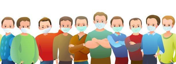 戴着面具的英俊小男孩。开朗的中年青少年。开朗的人。站立姿势。卡通漫画平面设计。单个的字符。在白色背景上隔离的无缝插图。向量图片下载