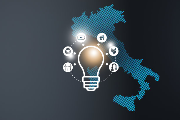 节能的概念。能源创新与未来工业发电图标图形界面。意大利互动地图蓝色背景图片下载