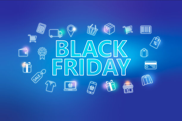 黑色星期五-电子商务网页横幅蓝色背景。各种购物图标。图片下载