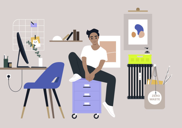 一个年轻的男性角色坐在一个有抽屉的文件柜上，一个宿舍或家庭办公室的内部图片下载