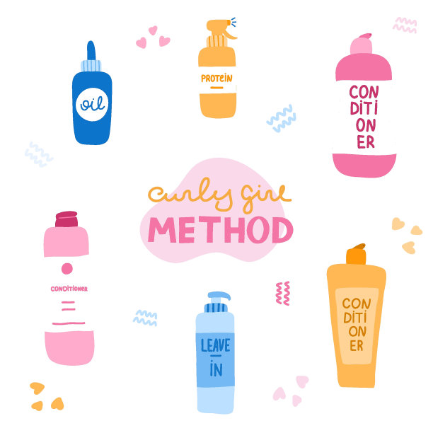 与化妆品的卷发女孩方法。美容瓶，用于调理卷曲的头发。适合健康护理卷发的化妆品。可爱,聪明的剪纸艺术。手绘向量图片下载