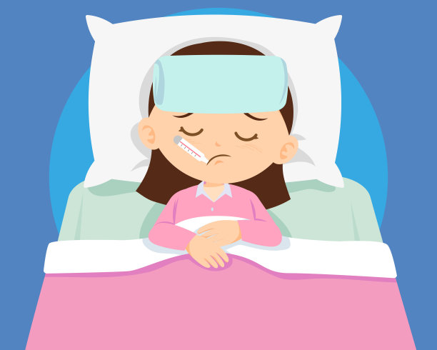 生病的女孩躺在床上，嘴里含着体温计图片下载