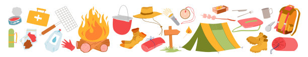 露营远足冒险设置与游客的对象，营地与帐篷和营火，指南针图片下载