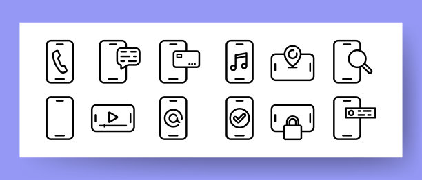 手机使用设置图标。手机，具有手机、短信、地图、视频、音乐、搜索、gps、浏览器等功能。它的概念。矢量线图标的业务和广告图片下载