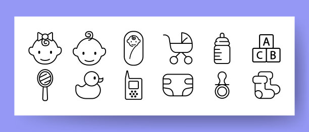 婴儿。小孩，婴儿车，奶瓶，方块，镜子，鸭子玩具，尿布，奶嘴，袜子，婴儿监视器。孩子的概念。矢量线图标的业务和广告图片下载