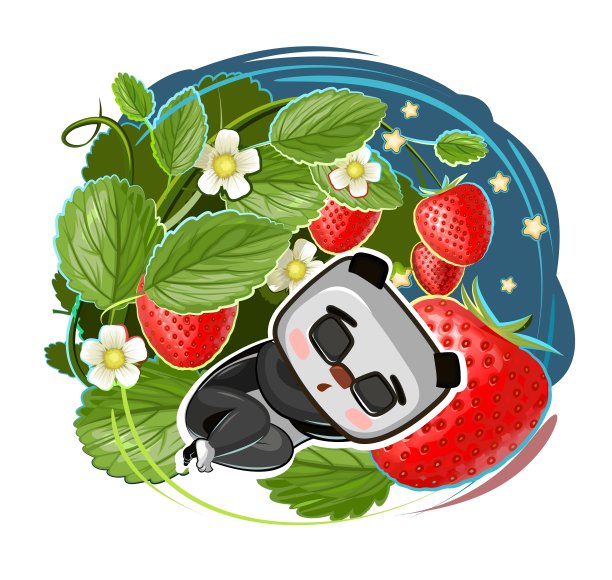 熊宝宝在一丛草莓下睡觉。儿童插图。成熟的浆果和繁星点点的夜晚。小动物睡着了。卡通风格的景观。孤立在白色背景。向量图片下载