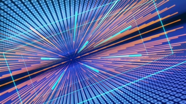 技术霓虹辉光运动透视-广角视图管道，线条，激光，雾蒙蒙的电气氛，指示灯，IT业务背景，3D渲染图片下载