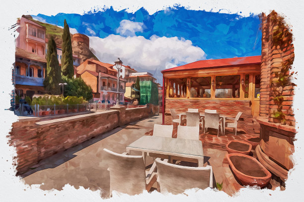 第比利斯传统欧洲城市建筑的美丽风景水彩插图。格鲁吉亚首都图片下载