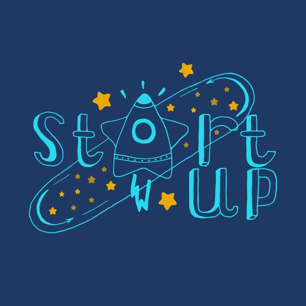 一枚火箭起飞，碑文启动，手绘的平面风格。向量。贴花、t恤、短裤、贴花、标志、儿童卡片、请柬、问候语;应用程序;图片下载
