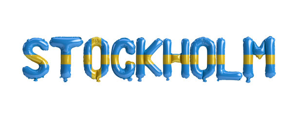 3d插画斯德哥尔摩首都气球与瑞典国旗颜色孤立在白色图片下载